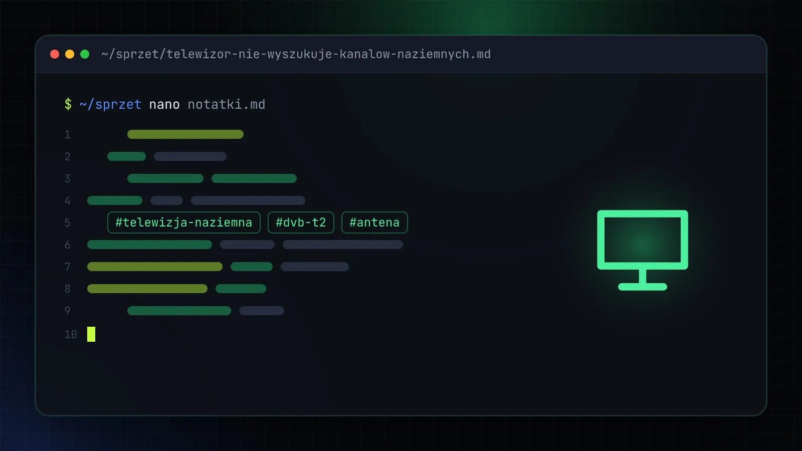 Ilustracja do artykułu „Telewizor nie wyszukuje kanałów naziemnych? 12 przyczyn i sprawdzone rozwiązania” — okno edytora z ikoną działu Sprzęt i elektronika