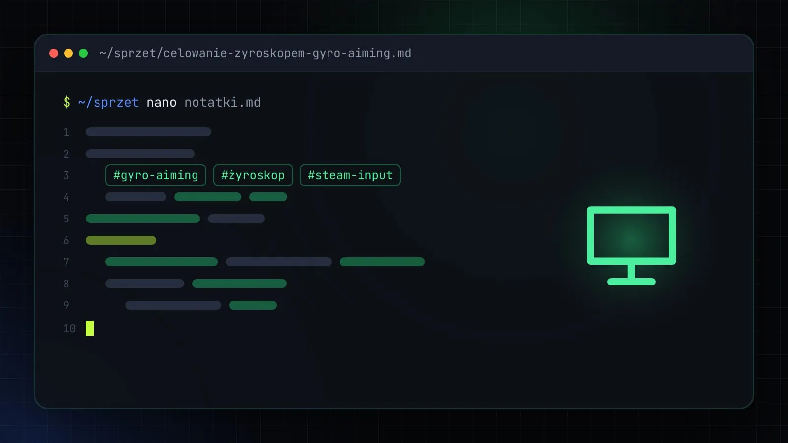Ilustracja do artykułu „Celowanie żyroskopem (gyro aiming): jak włączyć gyro na PC, Steam Decku i konsolach” — okno edytora z ikoną działu Sprzęt i elektronika
