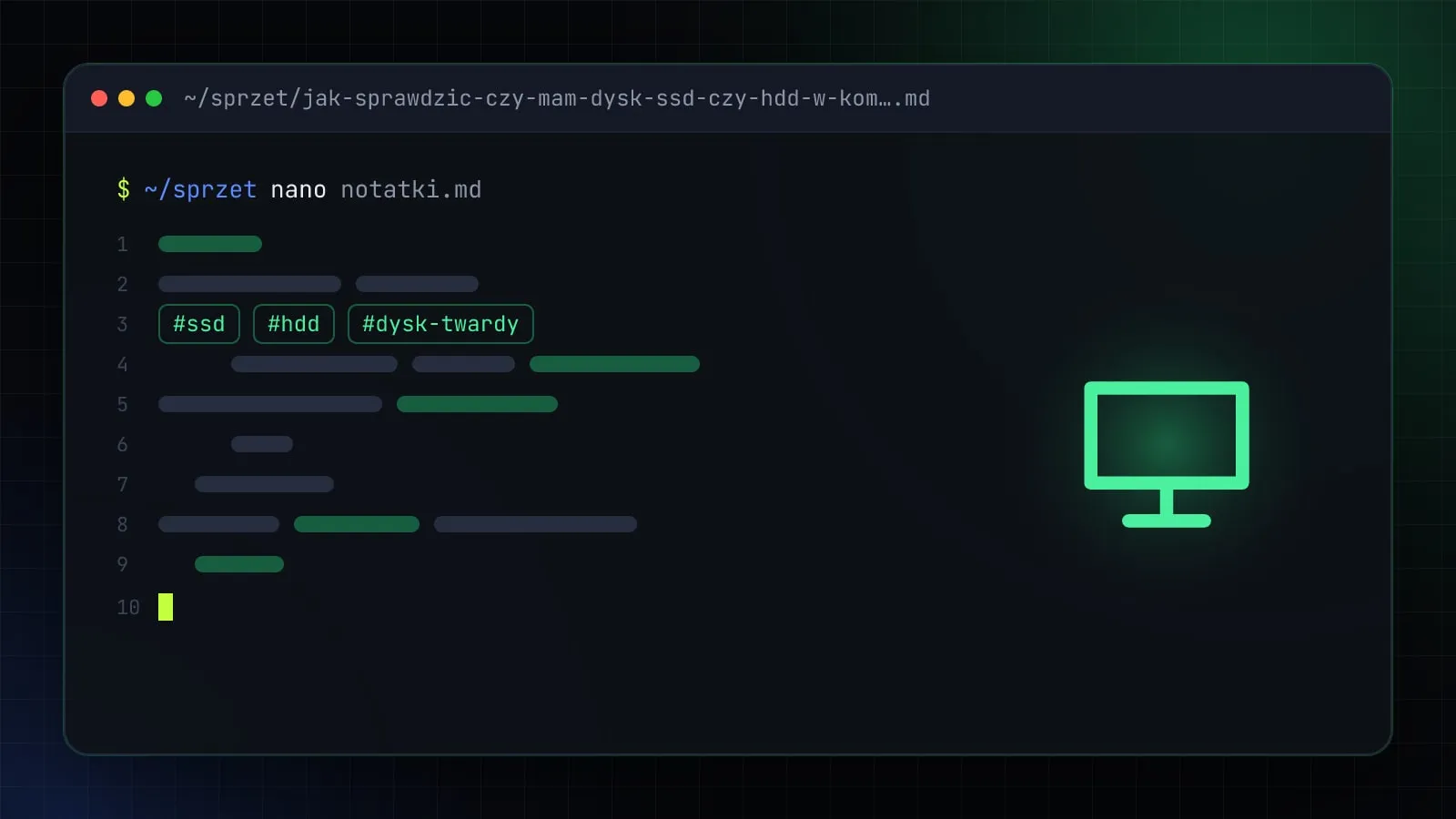 Ilustracja do artykułu „Jak sprawdzić, czy mam dysk SSD czy HDD? 7 sposobów w Windows, Linux i macOS” — okno edytora z ikoną działu Sprzęt i elektronika